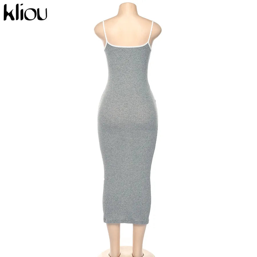 Kliou strap backless sexy bodycon midi long dress new women high waist cotton striped dresses elegant fashion party clothes