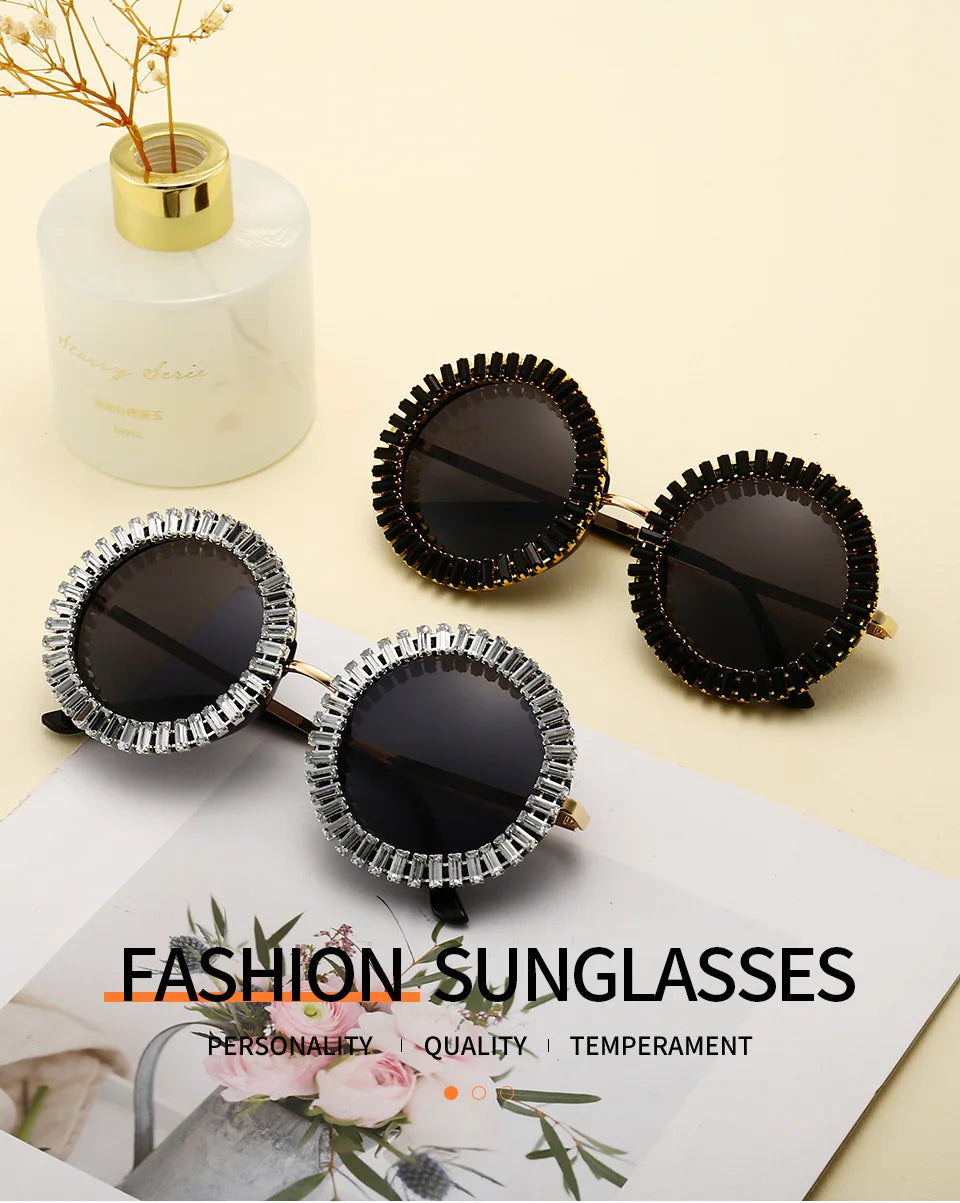 Luxury Brand Designer Round Diamond Sunglasses Women Fashion Vintage Party Travel Steampunk Sun Glasses Sexy Ladies Shades UV400