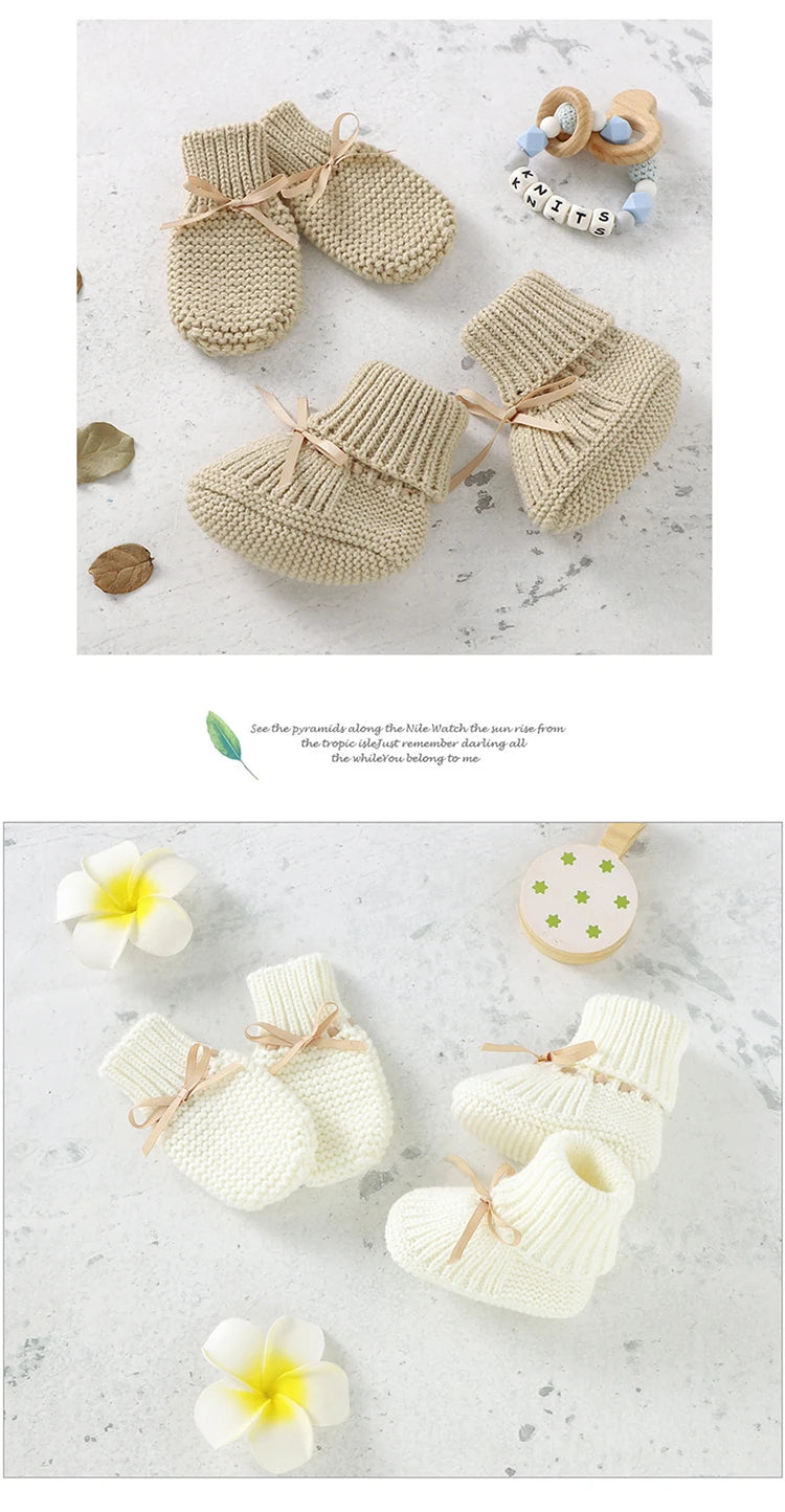 Baby Shoes + Gloves Set Knit Newborn Girls Boys Boots Mitten Fashion Butterfly-knot Toddler Infant Slip-On Bed Shoes Hand Made