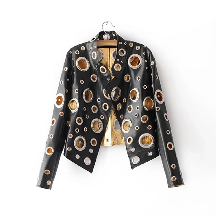 Lautaro Runway Cut Out Short Faux Leather Jacket Golden Rivet Cool Stylish Designer Clothes Women European American Fashion 2022