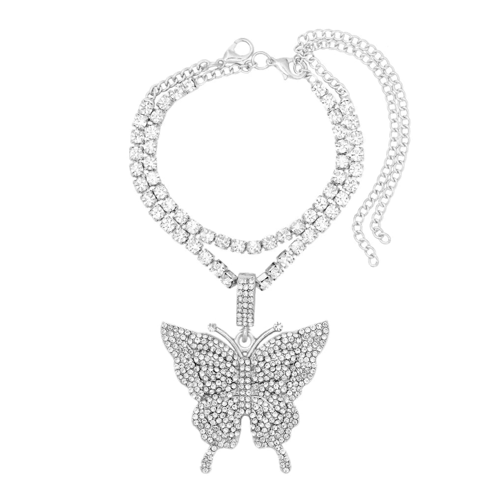 Iced Out Crystal Rhinestones Butterfly Pendants Anklet Chain For Women Multi-layer Big Rhinestones Tennis Chain Ankle Jewelry