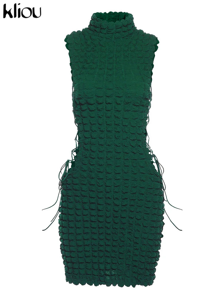 Kliou Stunning Stacked Mini Dress Women Sexy Solid Mock Neck Sleeveless Draw String Bodycon Party Clubwear Elegant Female Skirt