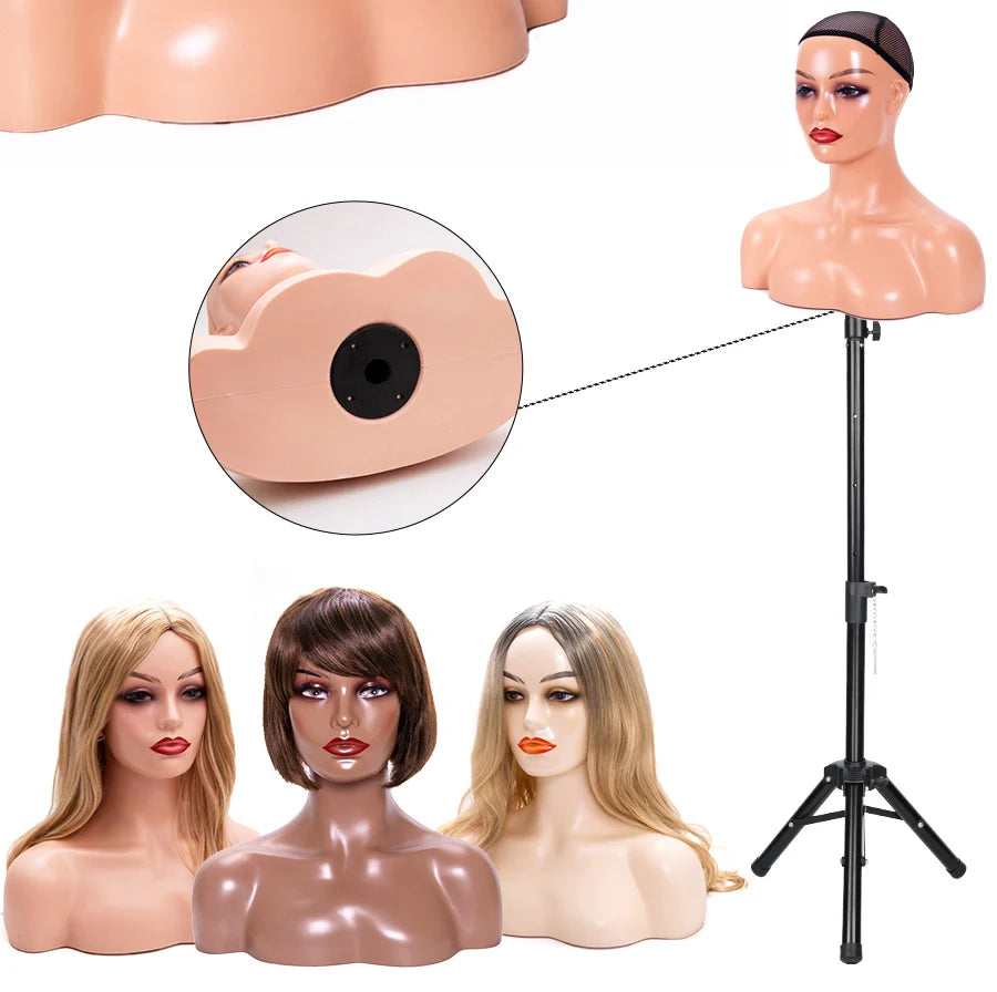 Female Mannequin Head With Shoulder Manikin Head Bust Wig Head Stand With Makeup For Wigs Display Necklace Free Earrings,Wig Cap