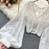 Autumn Black/White/Brown Sexy Lace Blouse Women Elegant V-Neck Puff Long Sleeve Open Back Short Tops Female Party Blusas 2021