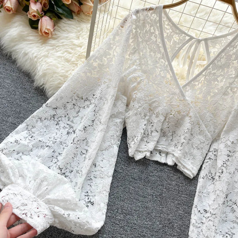 Autumn Black/White/Brown Sexy Lace Blouse Women Elegant V-Neck Puff Long Sleeve Open Back Short Tops Female Party Blusas 2021