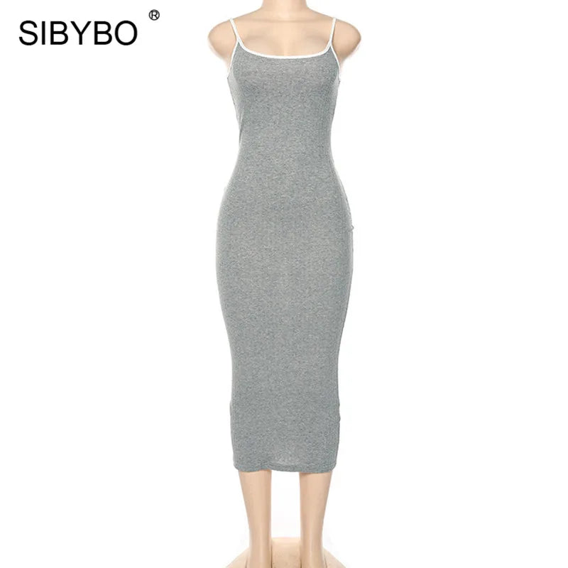 SIBYBO Ribbed Spaghetti Strap Cotton Dress Women Sleeveless O-Neck Summer Dress Solid Backless Long Party Dress