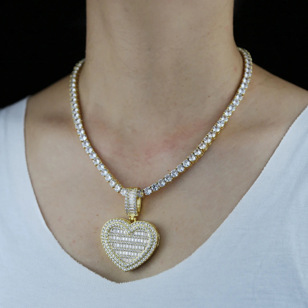 In Stock Iced Out Bling Women Jewelry 5A White Cubic Zirconia Heart Shaped Pendant Necklace With Tennis Box Chain