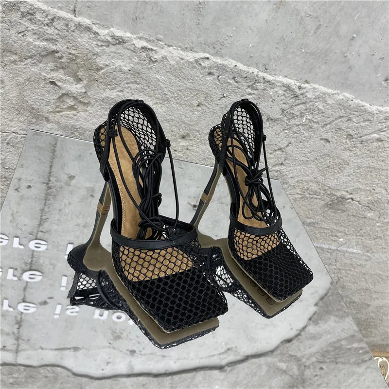 Eilyken Sexy Mesh Pumps Sandals Female Square Toe High Heel Lace Up Cross-Tied Stiletto Hollow Dress Shoes Zapatos Mujer