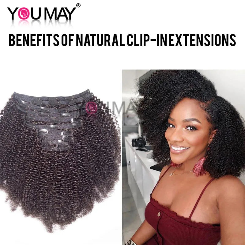 4B 4C Afro Kinky Curly Clip In Human Hair Extensions 100% Mongolian Virgin Hair Human Natural Black Clip Ins Afro Bundle YouMay