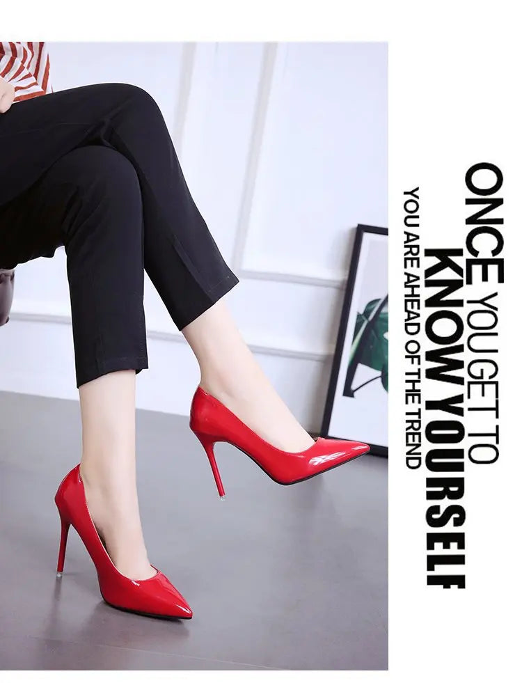 HOT Plus Size 34-44 HOT Women Shoes Pointed Toe Pumps Patent Leather Dress High Heels Boat Shoes Wedding Shoes Zapatos Mujerd76