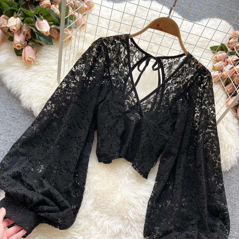 Autumn Black/White/Brown Sexy Lace Blouse Women Elegant V-Neck Puff Long Sleeve Open Back Short Tops Female Party Blusas 2021