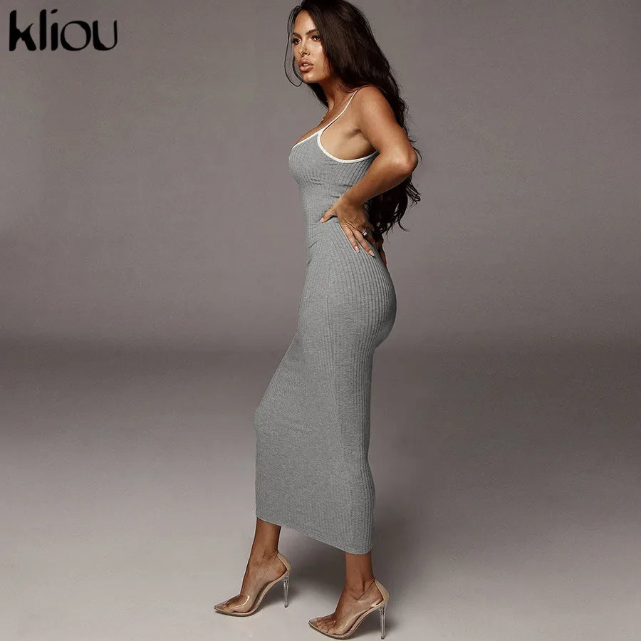 Kliou strap backless sexy bodycon midi long dress new women high waist cotton striped dresses elegant fashion party clothes