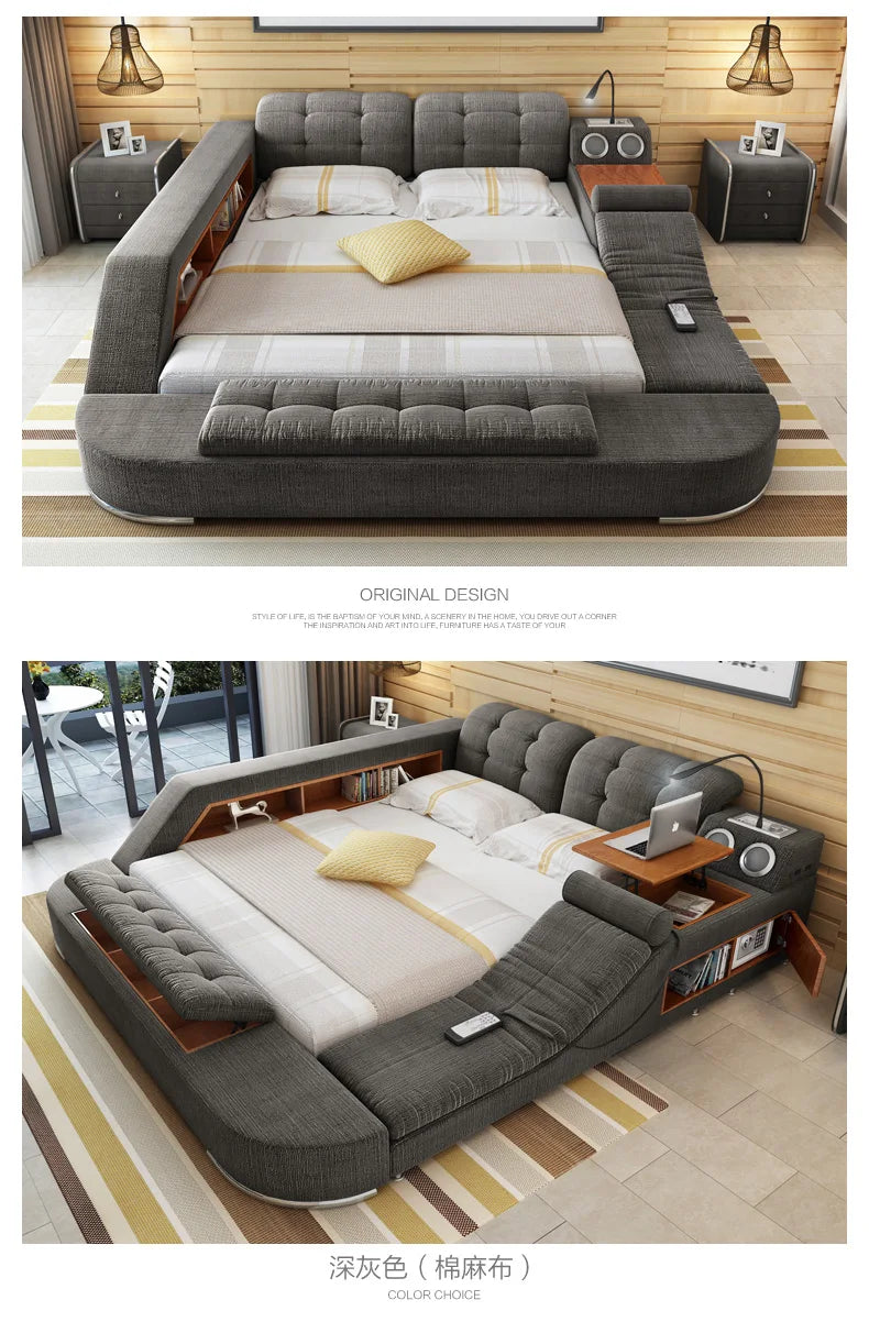 MANBAS Tech Smart Bed Frame Multifunctional Massage Bed Ultimate Bed Fabric/ Cloth Tatami Upholstered Bed with Bluetooth Speaker