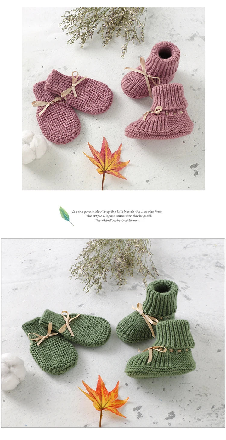 Baby Shoes + Gloves Set Knit Newborn Girls Boys Boots Mitten Fashion Butterfly-knot Toddler Infant Slip-On Bed Shoes Hand Made