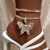 Iced Out Crystal Rhinestones Butterfly Pendants Anklet Chain For Women Multi-layer Big Rhinestones Tennis Chain Ankle Jewelry