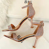 Women Summer Sandals 8.5cm High Heels Rhinestone Crystal Middle Heels Ankle Strappy Sandles Lady Wedding Event Party Gold Shoes