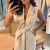 Boutique Wholesale 2026 Summer New Fashion Polo Neck Tie Waist Solid Color Wide Leg Women's Jumpsuit