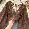 Autumn Black/White/Brown Sexy Lace Blouse Women Elegant V-Neck Puff Long Sleeve Open Back Short Tops Female Party Blusas 2021