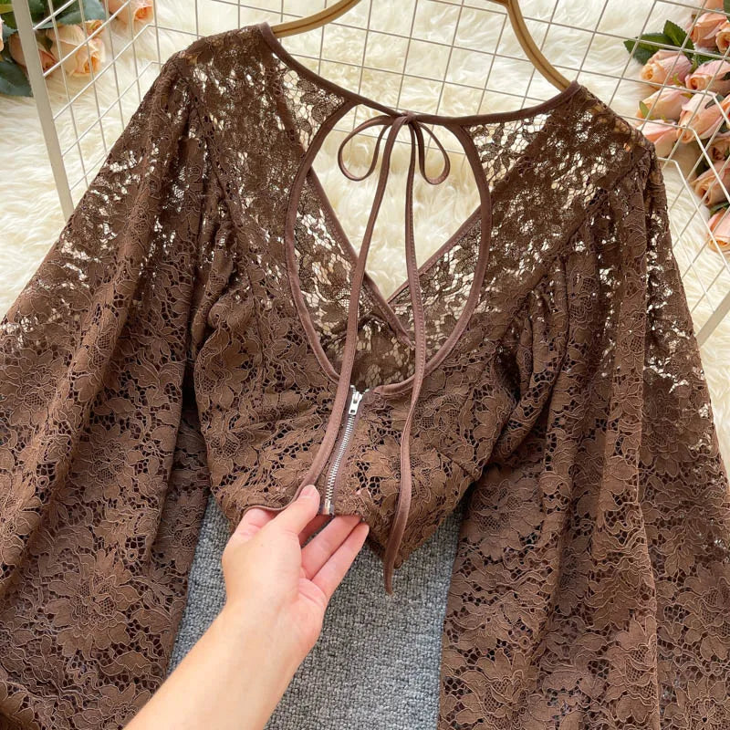 Autumn Black/White/Brown Sexy Lace Blouse Women Elegant V-Neck Puff Long Sleeve Open Back Short Tops Female Party Blusas 2021
