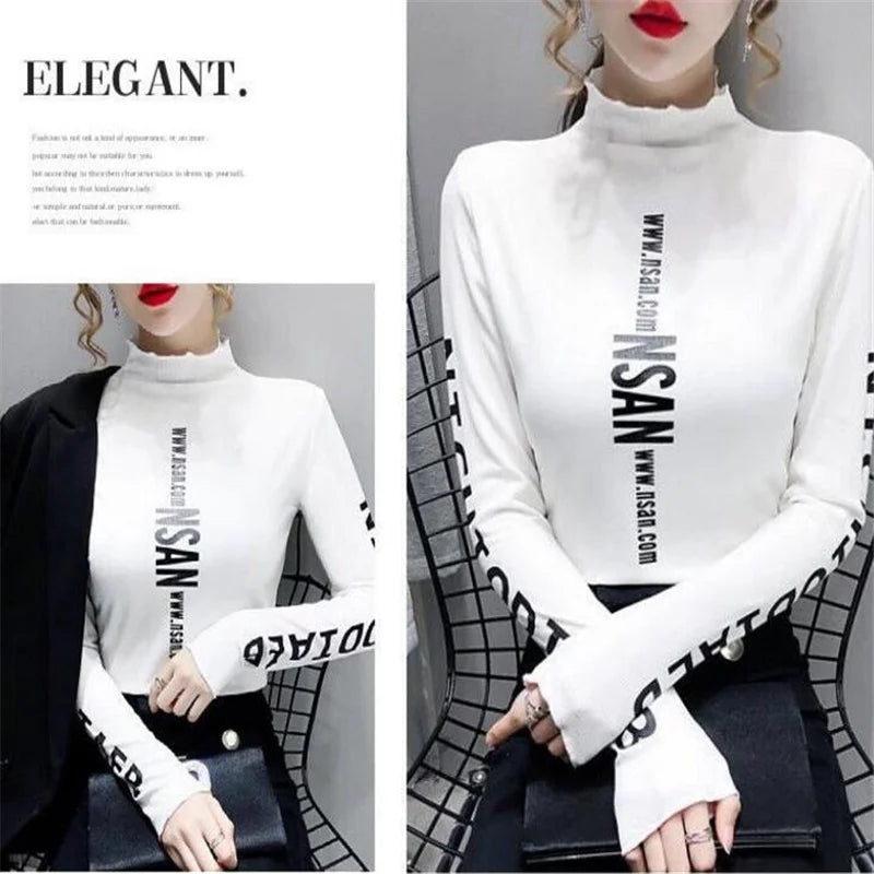 Mid-high-neck Bottoming T-shirt Elastic Inner Ride Femme Tee Tops autumn winter warm letter printing Streetwear Women's T-shirts