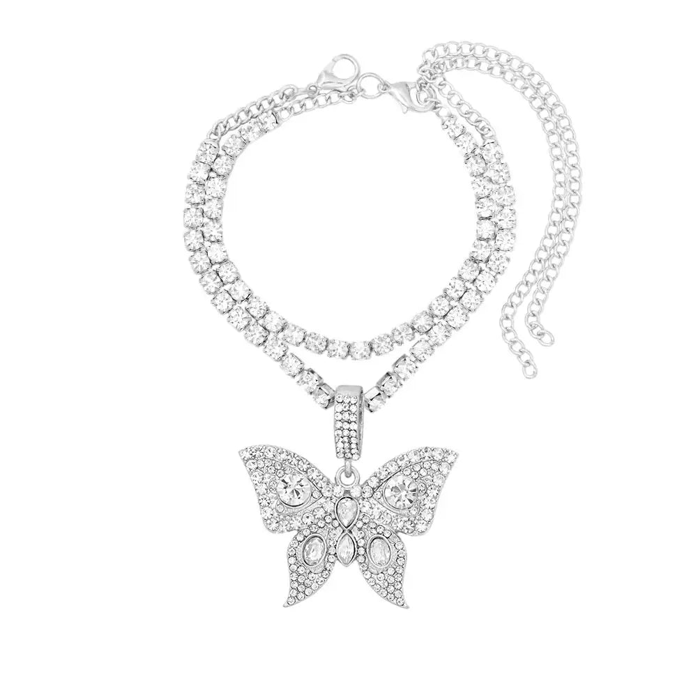 Iced Out Crystal Rhinestones Butterfly Pendants Anklet Chain For Women Multi-layer Big Rhinestones Tennis Chain Ankle Jewelry