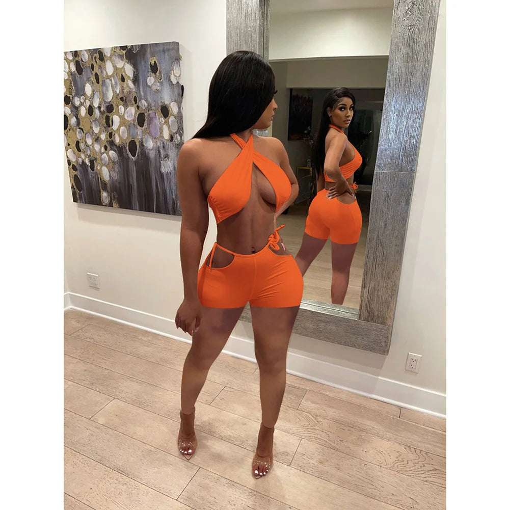 Two Piece Sets for Women Ruched Bandage Criss Cross Solid Women 2024 Spring Backless Club Crop Top and Shorts Matching Set