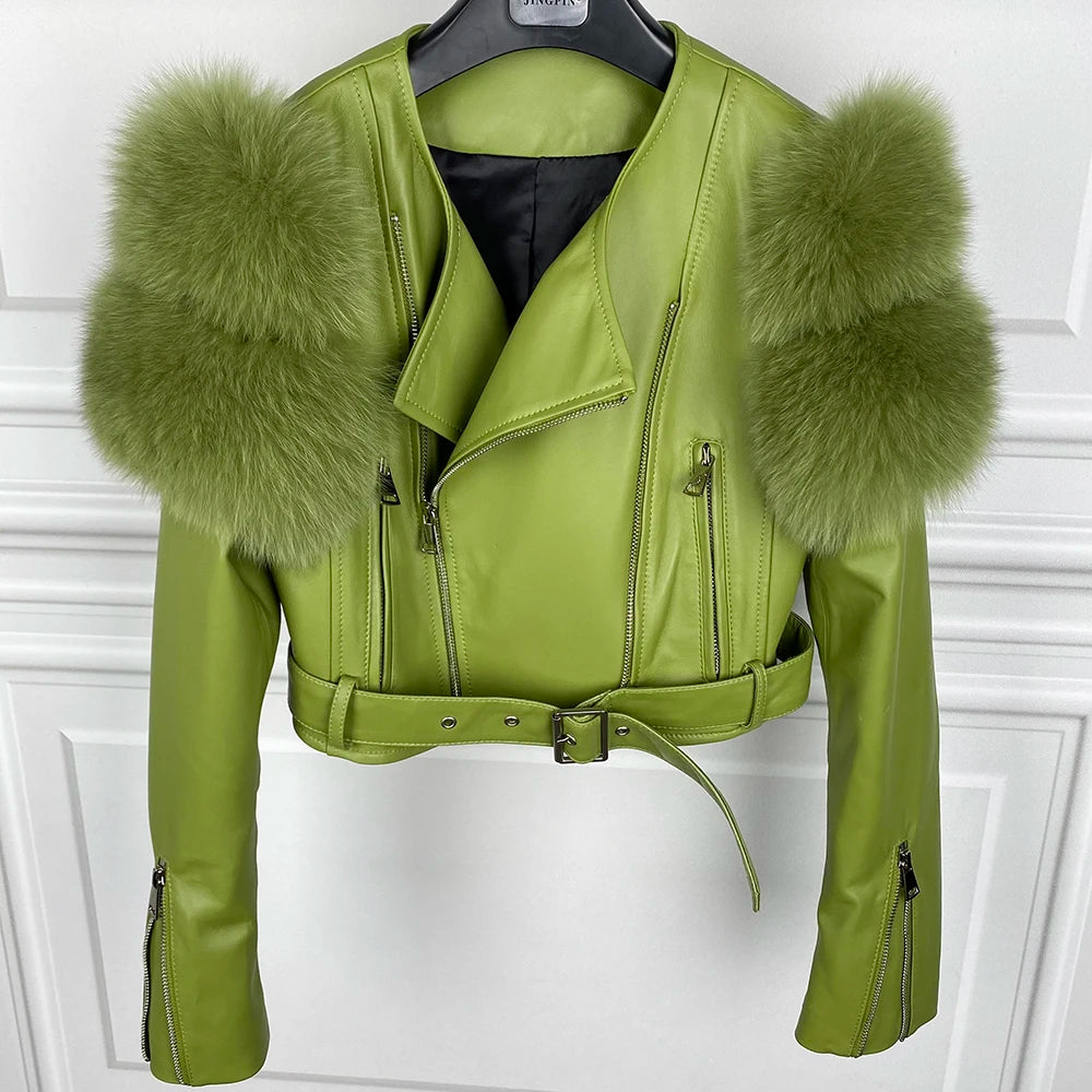 GO BALLISTIC YA Women Leather Jacket With Fur Sleeve Fashion Ladies Crop Jacket