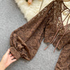 Autumn Black/White/Brown Sexy Lace Blouse Women Elegant V-Neck Puff Long Sleeve Open Back Short Tops Female Party Blusas 2021