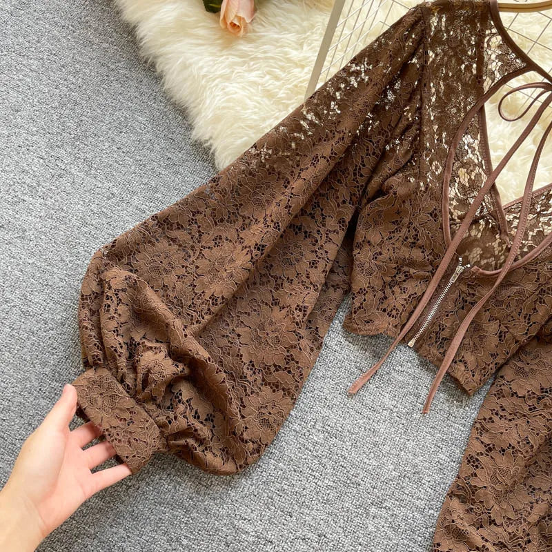 Autumn Black/White/Brown Sexy Lace Blouse Women Elegant V-Neck Puff Long Sleeve Open Back Short Tops Female Party Blusas 2021