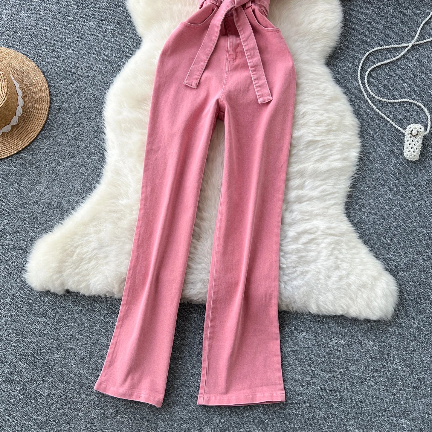 Vintage Turn-down Collar Tunic Slim Jumpsuit for Women High Waist Denim Long Jumpsuit Ladies Retro Overalls Wholesale