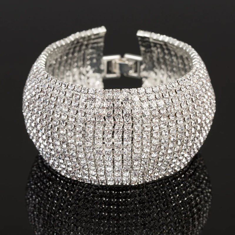TREAZY Luxury 15 row Rhinestone Full Crystal Bracelet for Women Cuff Bangle Wedding Bridal Gold Silver Color Statement Bracelets