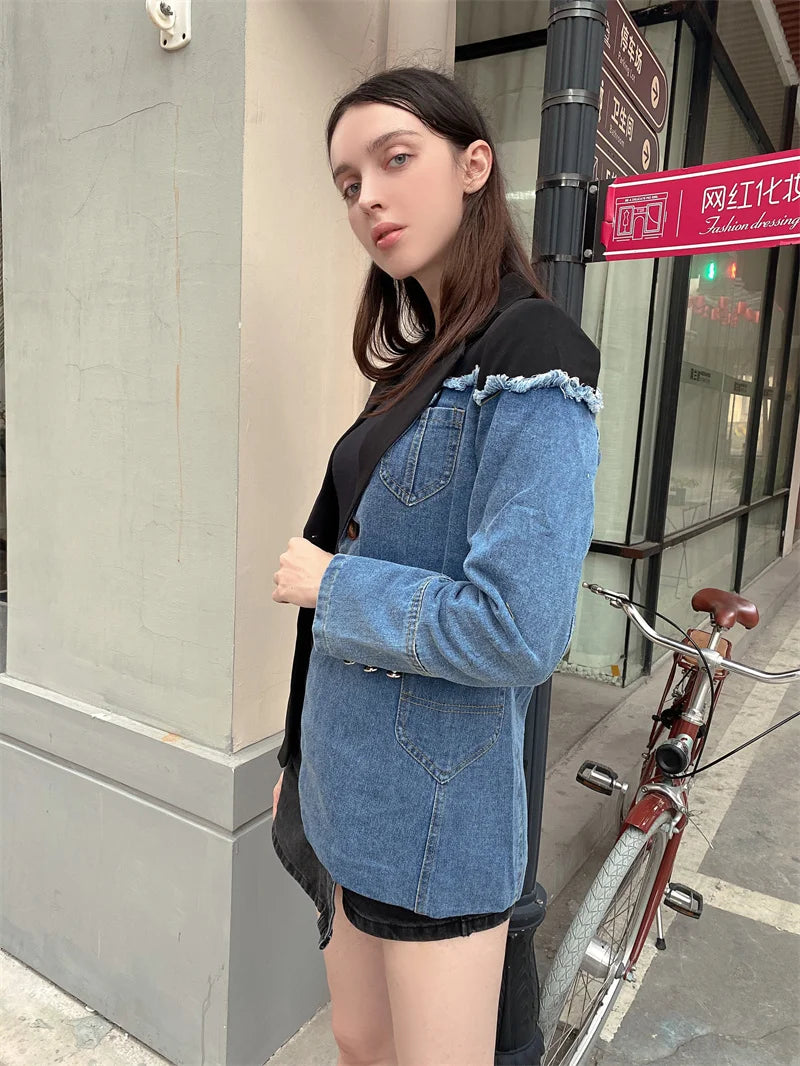 Women Vintage Fashion Blazer Denim Patchwork Jackets 2022 Autumn Winter Irregular Coat Women Long Sleeve Loose Korean Outerwear