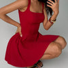 Women's Slimming Short Puffy Dress One-Piece Summer Formal Style with Waist-Tight Square Collar Soft Casual Sleeveless Design
