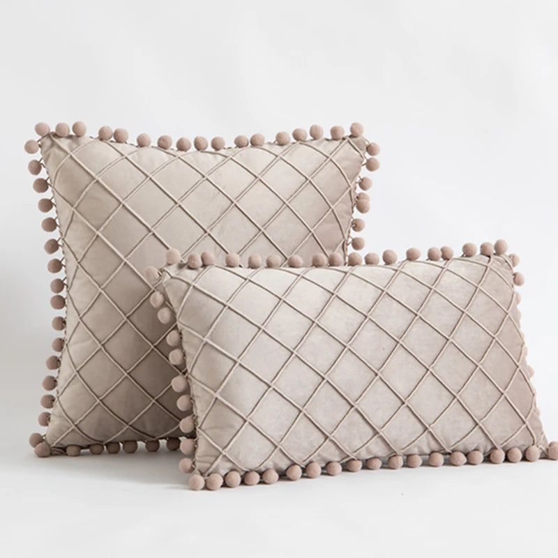 Inyahome Velvet Waist Throw Pillow with Pompom Solid Color Decorative Cushio Pillow Pink Grey Green Solid Velvet Home Pillowcase