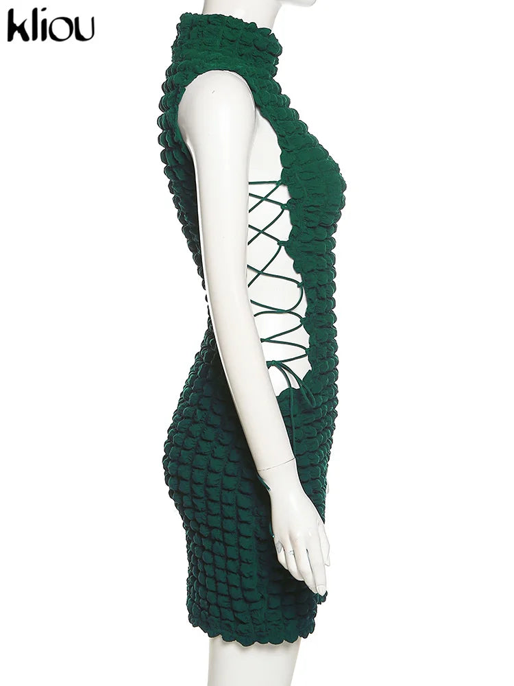 Kliou Stunning Stacked Mini Dress Women Sexy Solid Mock Neck Sleeveless Draw String Bodycon Party Clubwear Elegant Female Skirt
