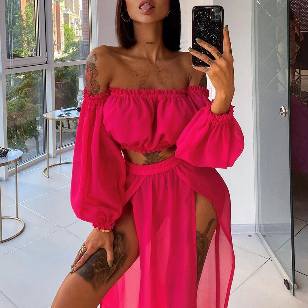 Puloru New Women Two-pieces Beach Suits Summer Solid Color Bikini Cover-ups Sets Off Shoulder Crop Tops+High Slit Maxi Skirts