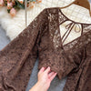 Autumn Black/White/Brown Sexy Lace Blouse Women Elegant V-Neck Puff Long Sleeve Open Back Short Tops Female Party Blusas 2021