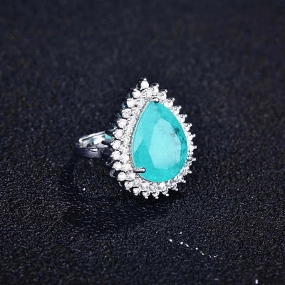 Luxury Geometric Shapes Paraiba Tourmaline Gemstone  Silver Color Women's Ring Temperament Ladies Trendy Vintage Jewelry