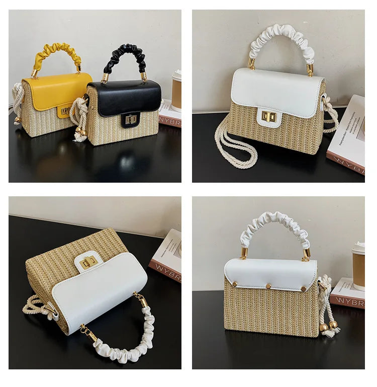 Straw Beach Bag for Women 2021 Summer Pleated Handle Luxury Designer Bag Contrast Color Crossbody Purse and Handbag Lady Bolsos