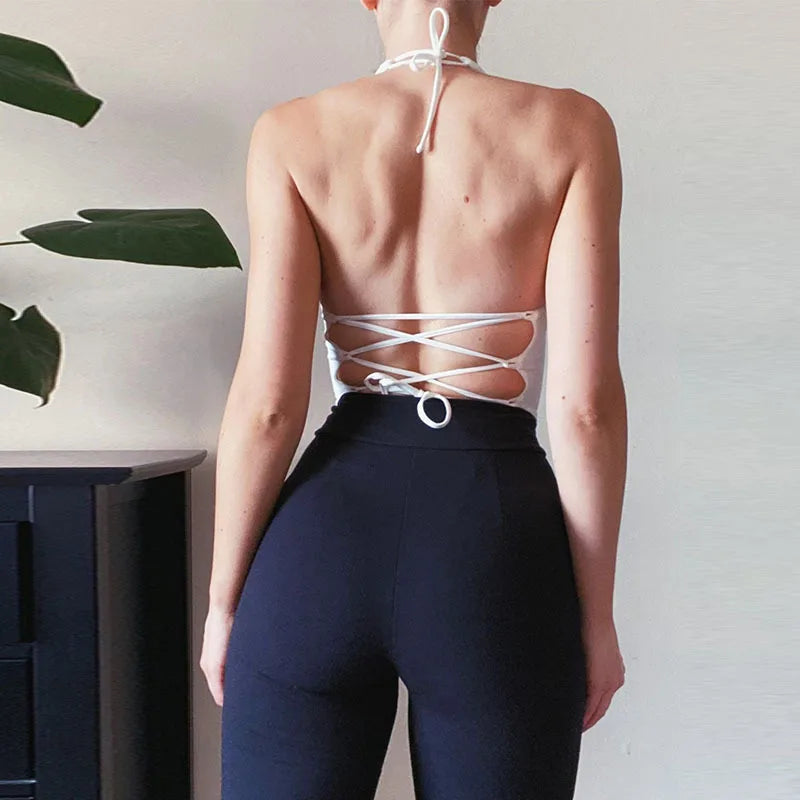 Sexy Solid Color Hanging Neck Bandage V-neck Off Shoulder Crop Tops 2021 Summer Women Fashion Casual Black Halter Vest Comfort