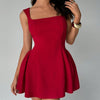 Women's Slimming Short Puffy Dress One-Piece Summer Formal Style with Waist-Tight Square Collar Soft Casual Sleeveless Design