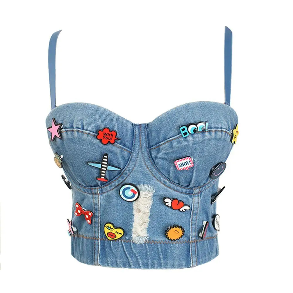 Irene Tinnie Sexy Cute Hole Cartoon Decoration Push Up Bustier Women's Denim Bralette Cropped Top Vest Plus Size