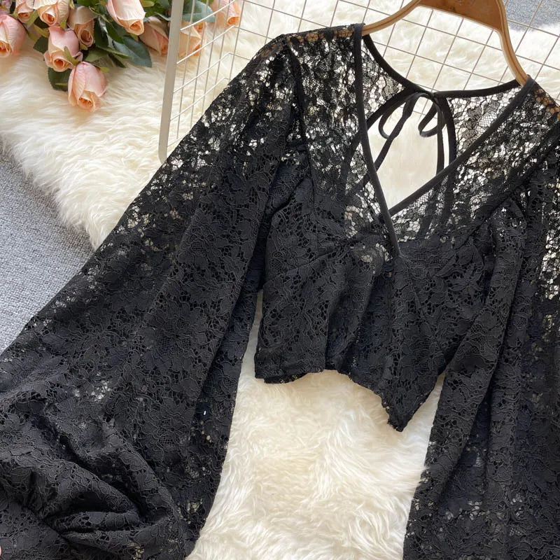 Autumn Black/White/Brown Sexy Lace Blouse Women Elegant V-Neck Puff Long Sleeve Open Back Short Tops Female Party Blusas 2021