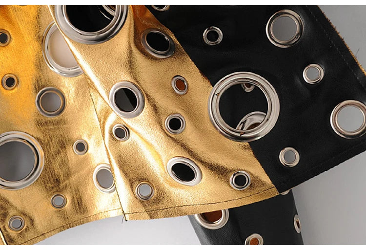 Lautaro Runway Cut Out Short Faux Leather Jacket Golden Rivet Cool Stylish Designer Clothes Women European American Fashion 2022