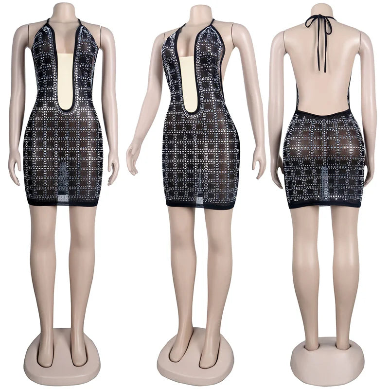 Sparkly Rhinestone Halter Backless Bodycon Dress Women Elegant Night Club Christmas Birthday Dress Sexy Mesh Sheer Mini Dress