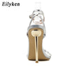Eilyken Crystal Sexy Women Sandals Metal High Heels Ankle Buckle Strap Gladiator Ladies Pumps Stiletto Nightclub Party Shoes