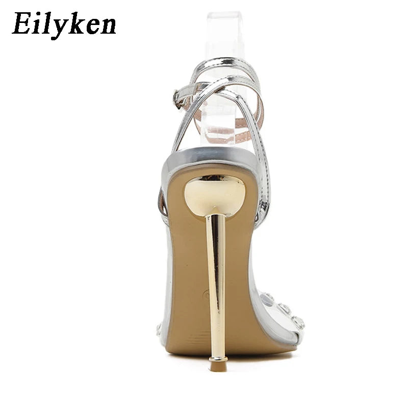 Eilyken Crystal Sexy Women Sandals Metal High Heels Ankle Buckle Strap Gladiator Ladies Pumps Stiletto Nightclub Party Shoes