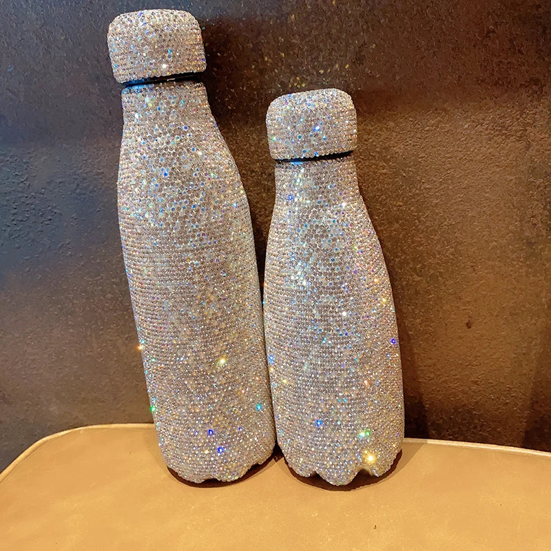 Portable Vacuum Flask Large Capacity Insulated Hot Water Bottle Shiny Rhinestones Thermos Coffee Mug for Women Gift 300/500ml