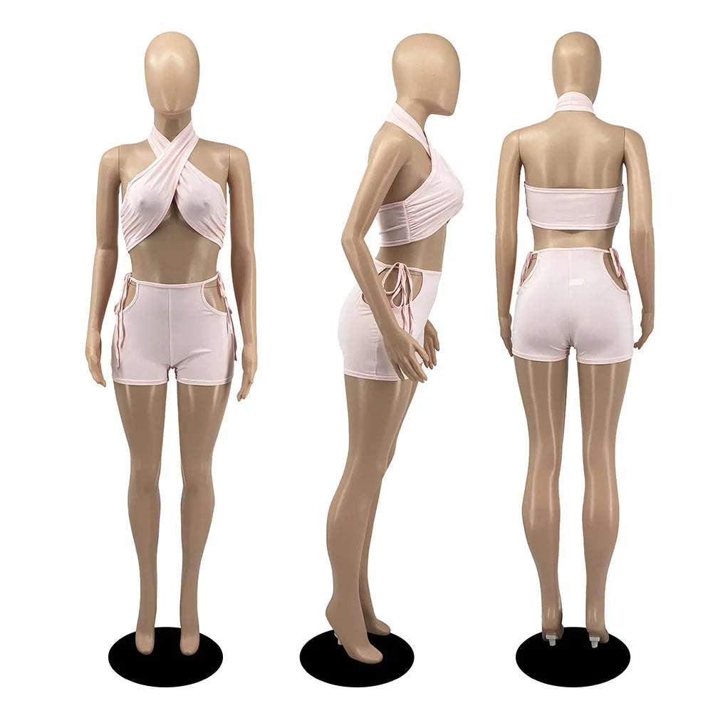 Two Piece Sets for Women Ruched Bandage Criss Cross Solid Women 2024 Spring Backless Club Crop Top and Shorts Matching Set