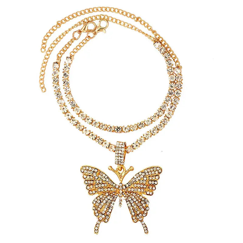 Iced Out Crystal Rhinestones Butterfly Pendants Anklet Chain For Women Multi-layer Big Rhinestones Tennis Chain Ankle Jewelry